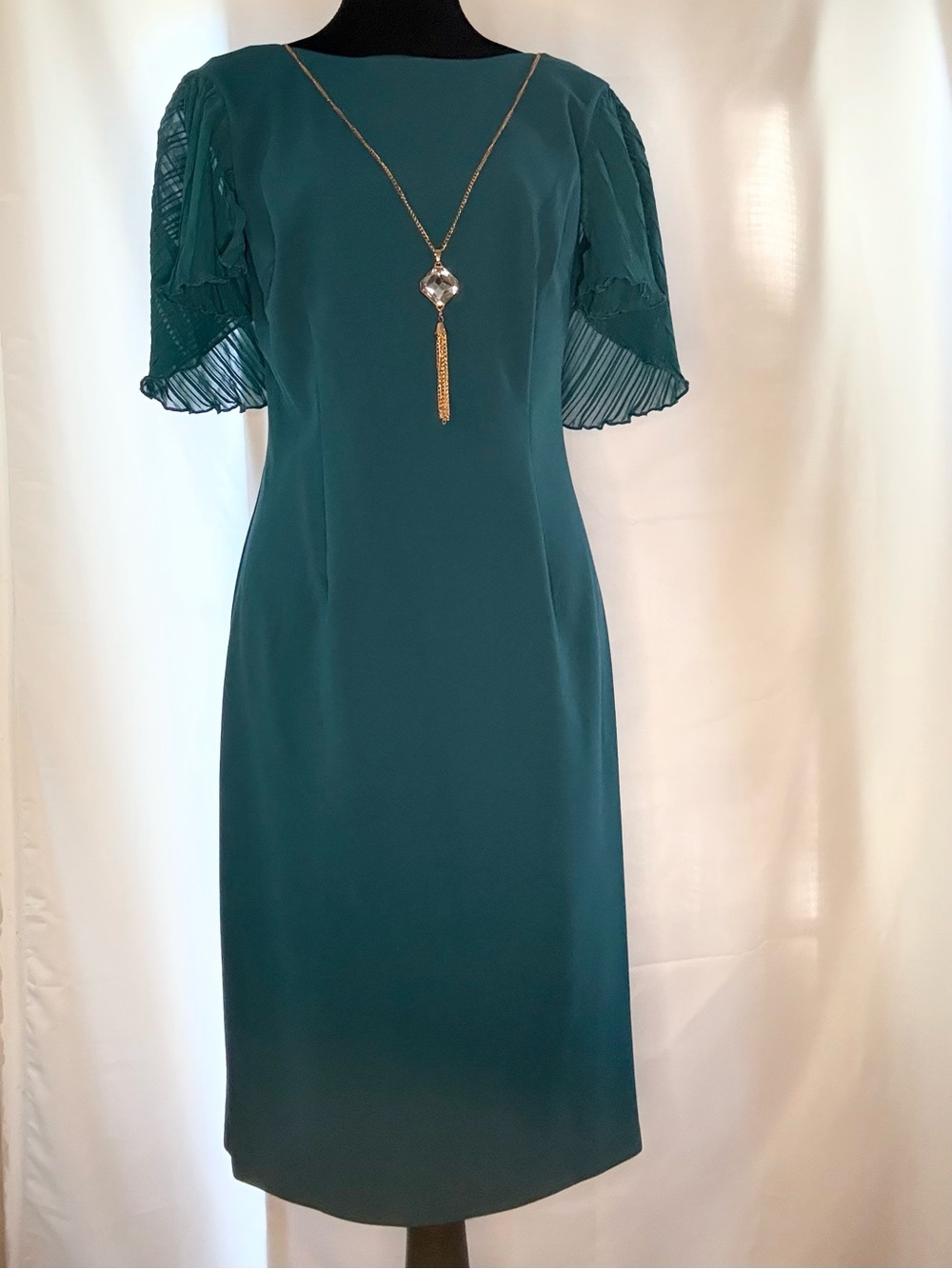 Glamour Teal Midi Dress with Pleated Flutter Sleeves| Removable Necklace